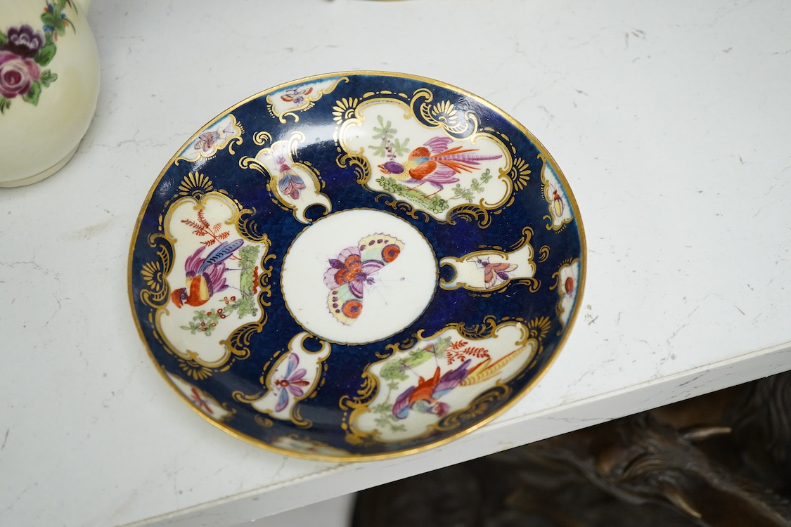 A Worcester scale blue dish - 25cm diameter, a similar cup and saucer and a covered jug, c.1770-80